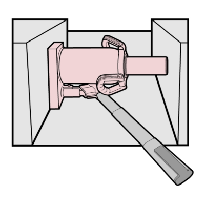 Desenho vetorial de martelo rosa com cabo cinzento em suporte dentro de ranhura cinzenta
