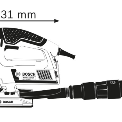 Lixadeira elétrica Bosch Professional preta e branca com cabo de aspiração e medidas indicadas