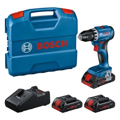 Berbequim sem fios Bosch azul com duas baterias, carregador e estojo rígido azul com logo Bosch