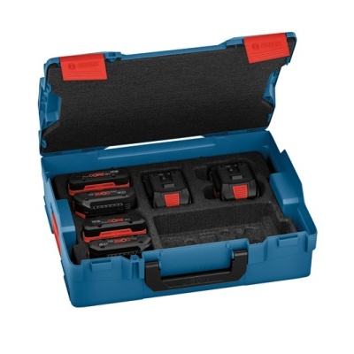 Estojo azul aberto com baterias e carregador