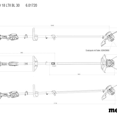 Desenho técnico de ferramenta elétrica Metabo RTD 18 LTX BL 30 com medidas e texto visível