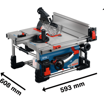 Serra de mesa Bosch azul, cinzenta, preta e vermelha com proteção transparente e mostrador de ângulos