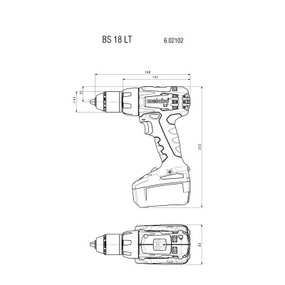 Desenho técnico de furadeira/parafusadeira elétrica BS 18 LT com medidas