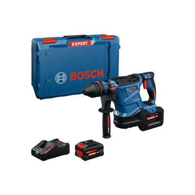 Conjunto de ferramenta elétrica Bosch com mala de transporte azul, bateria e carregador.