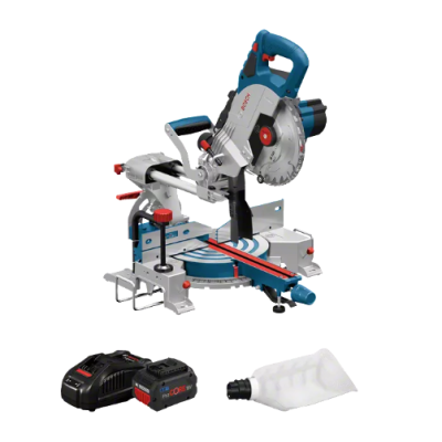 Serra de esquadria Bosch cinza com bateria, carregador e recipiente branco.