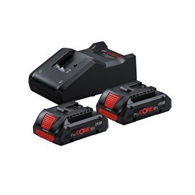 Carregador e duas baterias ProCORE 18 V negras com detalhes vermelhos