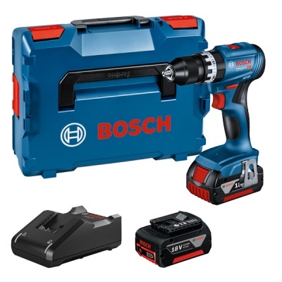 Furadeira/parafusadora sem fio Bosch azul, mala azul, bateria 18V e carregador preto