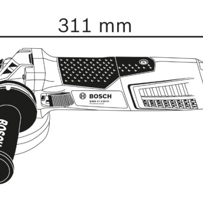 Esmerilhadora Bosch preta e branca com dimensões técnicas indicadas