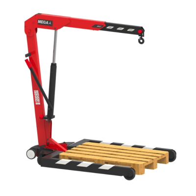 Guindaste móvel vermelho e preto com gancho e plataforma de madeira