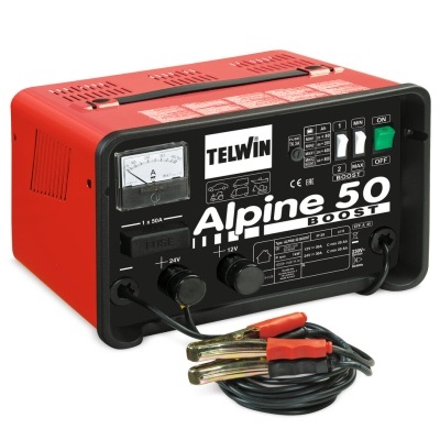 Carregador de bateria automóvel TELWIN Alpine 50 BOOST vermelho e preto com amperímetro e cabos