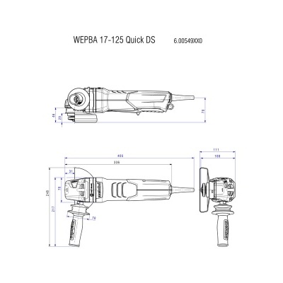 Desenho técnico de ferramenta elétrica WEPA 17-125 Quick DS com medidas.