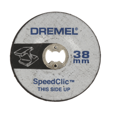 Disco de corte Dremel cinza de 38 mm com texto azul e símbolo preto