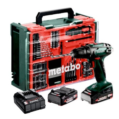 Conjunto de ferramenta Metabo com furadeira, mala de acessórios e baterias.