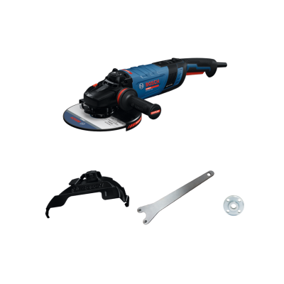 Lixadora angular Bosch azul com acessórios em fundo branco