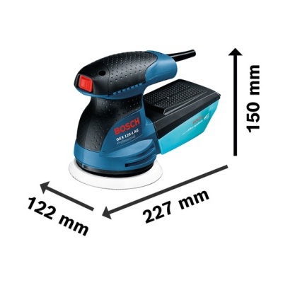 Lixadora elétrica BOSCH azul e preta com saco coletor de pó e indicações de dimensões.