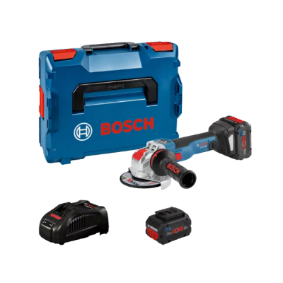 Conjunto de ferramenta Bosch com rebarbadora, baterias, carregador e caixa de transporte azul.