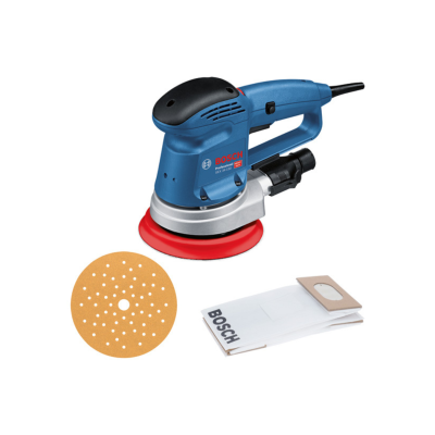 Lixadora elétrica Bosch azul, disco de lixa e saco coletor de pó