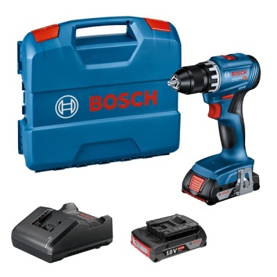 Conjunto de furadeira Bosch azul com mala, bateria e carregador.