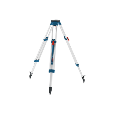 Tripé de alumínio com pés pontiagudos e detalhes azuis e vermelhos
