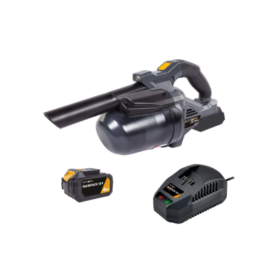 Soprador de folhas elétrico cinza e preto com bateria e carregador