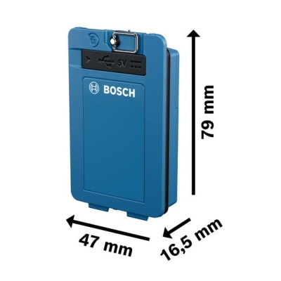 Caixa azul retangular da BOSCH com dimensões indicadas
