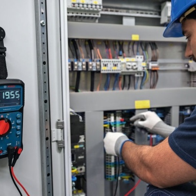 Multímetro digital na parede e técnico a trabalhar em quadro elétrico