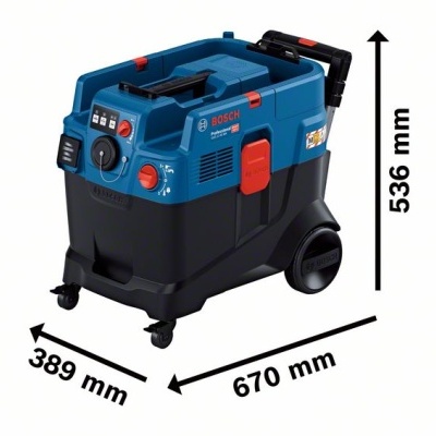 Aspirador industrial Bosch azul e preto com rodas e botões, medidas indicadas