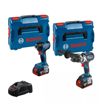 Conjunto de ferramentas Bosch com furadeiras, caixas de transporte e carregador