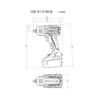 Desenho técnico de chave de impacto com medidas e texto