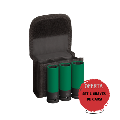 Conjunto de três chaves de caixa verdes numa bolsa preta com selo de oferta