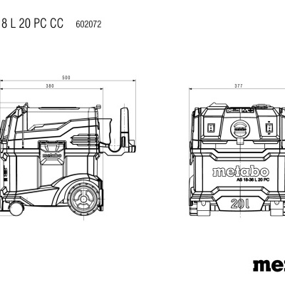 Desenho técnico de caixa de ferramentas Metabo com dimensões.