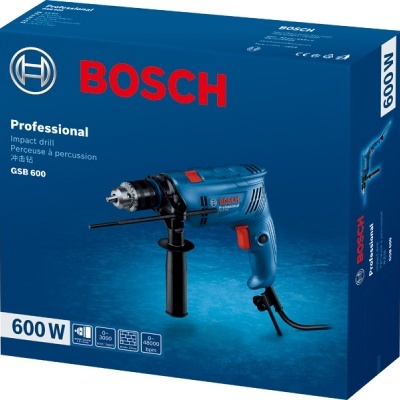 Caixa azul de broca de impacto Bosch Professional GSB 600 com texto e imagens do produto
