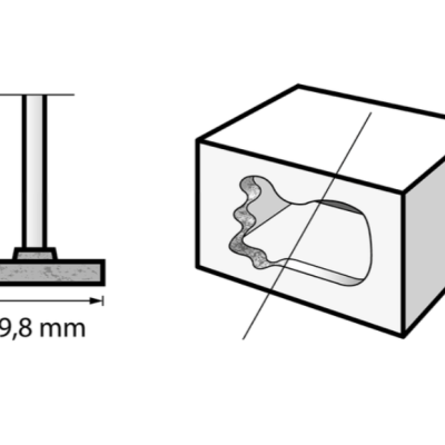 Desenho técnico de componente com base circular e esquema de caixa com forma interna irregular