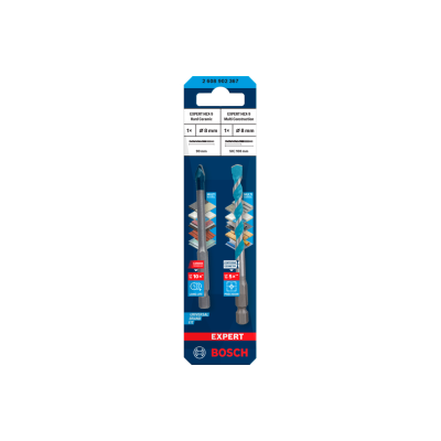 Conjunto de duas brocas Bosch Expert azul e cinza em embalagem azul com texto