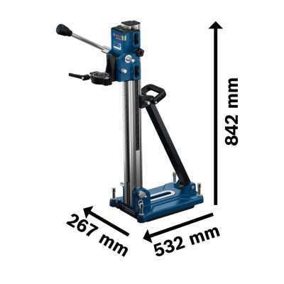 Suporte de broca vertical BOSCH azul e preto com alavanca e base metálica.