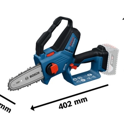 Serra elétrica BOSCH azul e preta com detalhes vermelhos e medidas indicadas