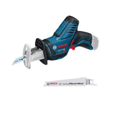 Serra recíproca sem fio BOSCH Professional azul e preto com lâmina destacada.