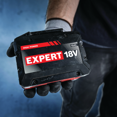 Bateria recarregável negra e vermelha com texto EXPERT 18V 15Ah