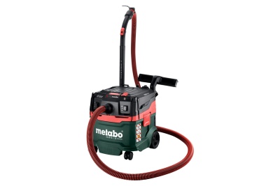 Aspirador industrial Metabo verde, preto e vermelho com mangueira e rodas