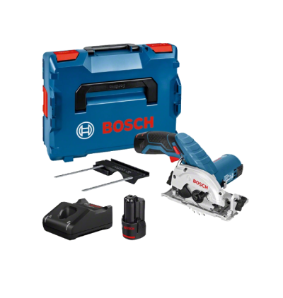 Conjunto de ferramenta Bosch com serra circular azul e branca, bateria, carregador e estojo azul