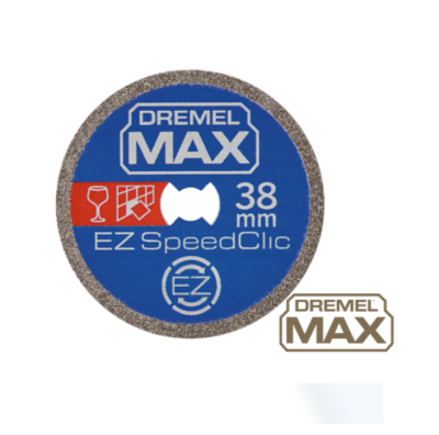 Disco cortador Dremel MAX 38 mm revestido a diamante com texto e símbolos