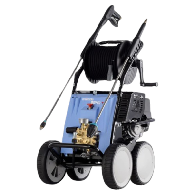 Máquina de lavagem com alta pressão azul e preta com mangueira e pistola