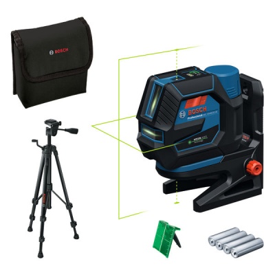 Conjunto de nivel laser Bosch com tripé, pilhas, suporte e bolsa.