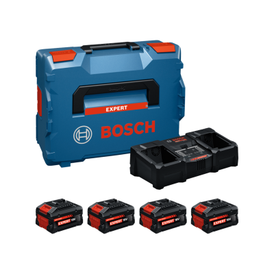 Conjunto de ferramentas Bosch com mala azul, estação de carregamento e quatro baterias.