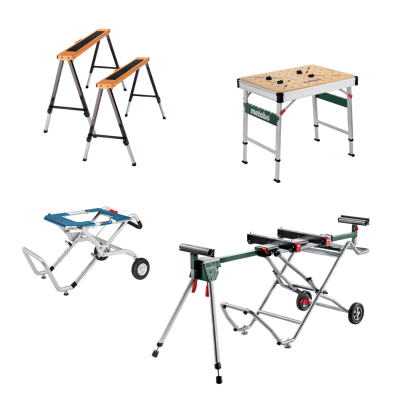 Quatro suportes de trabalho metálicos para bricolage, incluindo um com tampo de madeira e marca metabo.