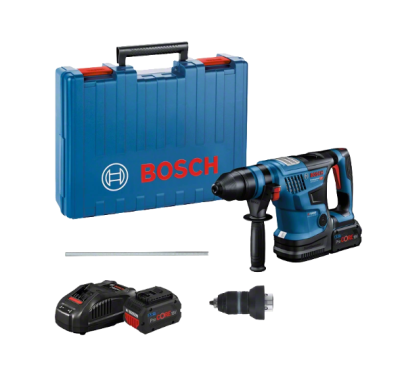 Conjunto ferramenta Bosch com mala azul, furadeira sem fio, bateria, carregador e acessórios