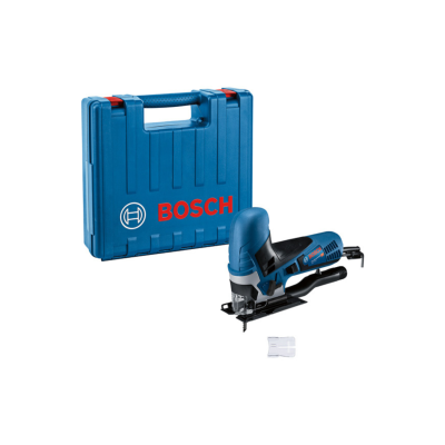 Serra tico-tico eléctrica Bosch azul com estojo plástico azul.