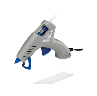 Pistola de cola quente cinzenta e azul com tubos de cola