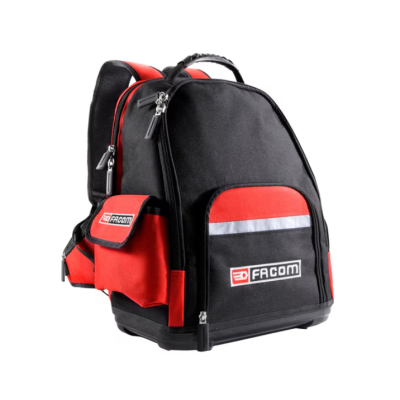 Mochila preta e vermelha FACOM com vários compartimentos