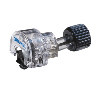 Acessório Dremel com plástico transparente e preto, roda preta canelada e logo azul DREMEL
